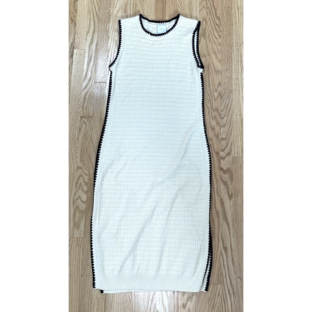 Varley Knit Midi Dress Large Cream Black Trim Sleeveless Cotton Beachy Timeless